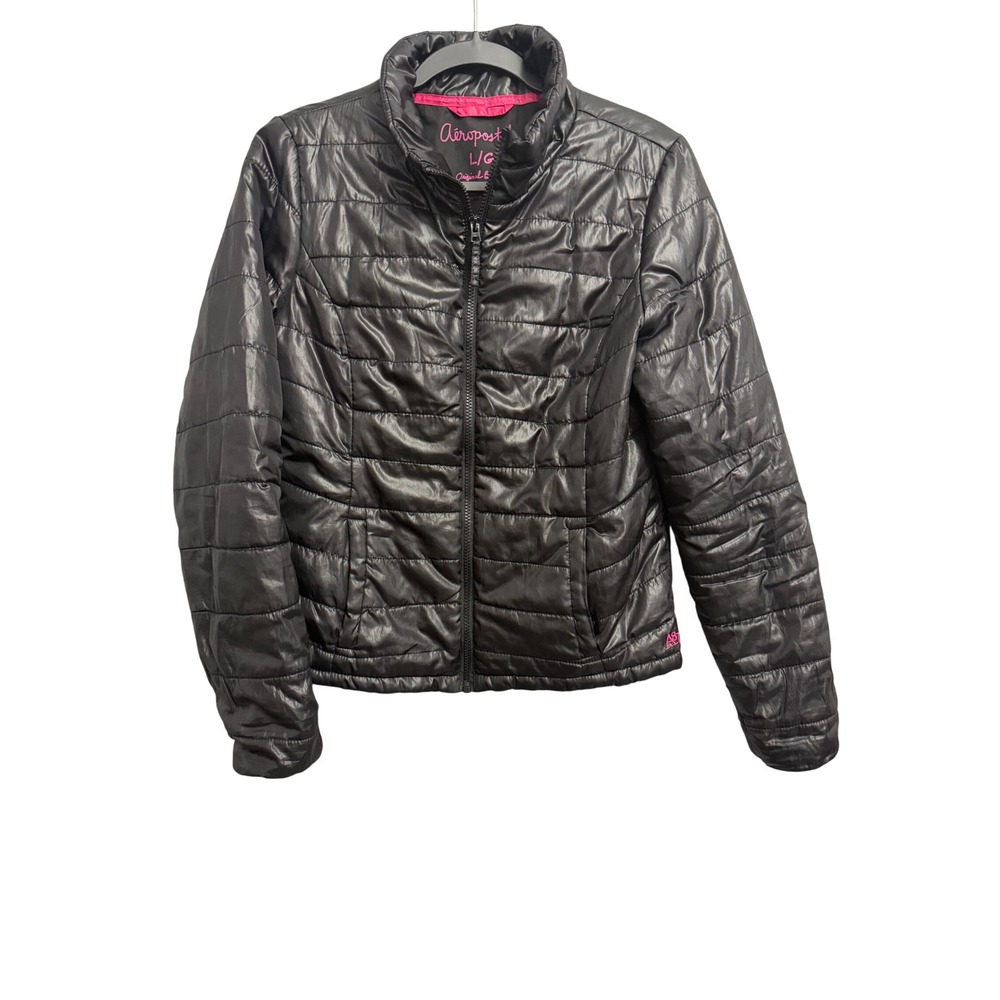 Aeropostale Womens Black Quilted Puffer Jacket Full Zip Pockets Size Large Y2K